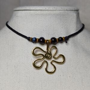 Wavy Flower Gold Charm Black Blue Ceramic Wooden Beaded Boho Y2K Choker Necklace